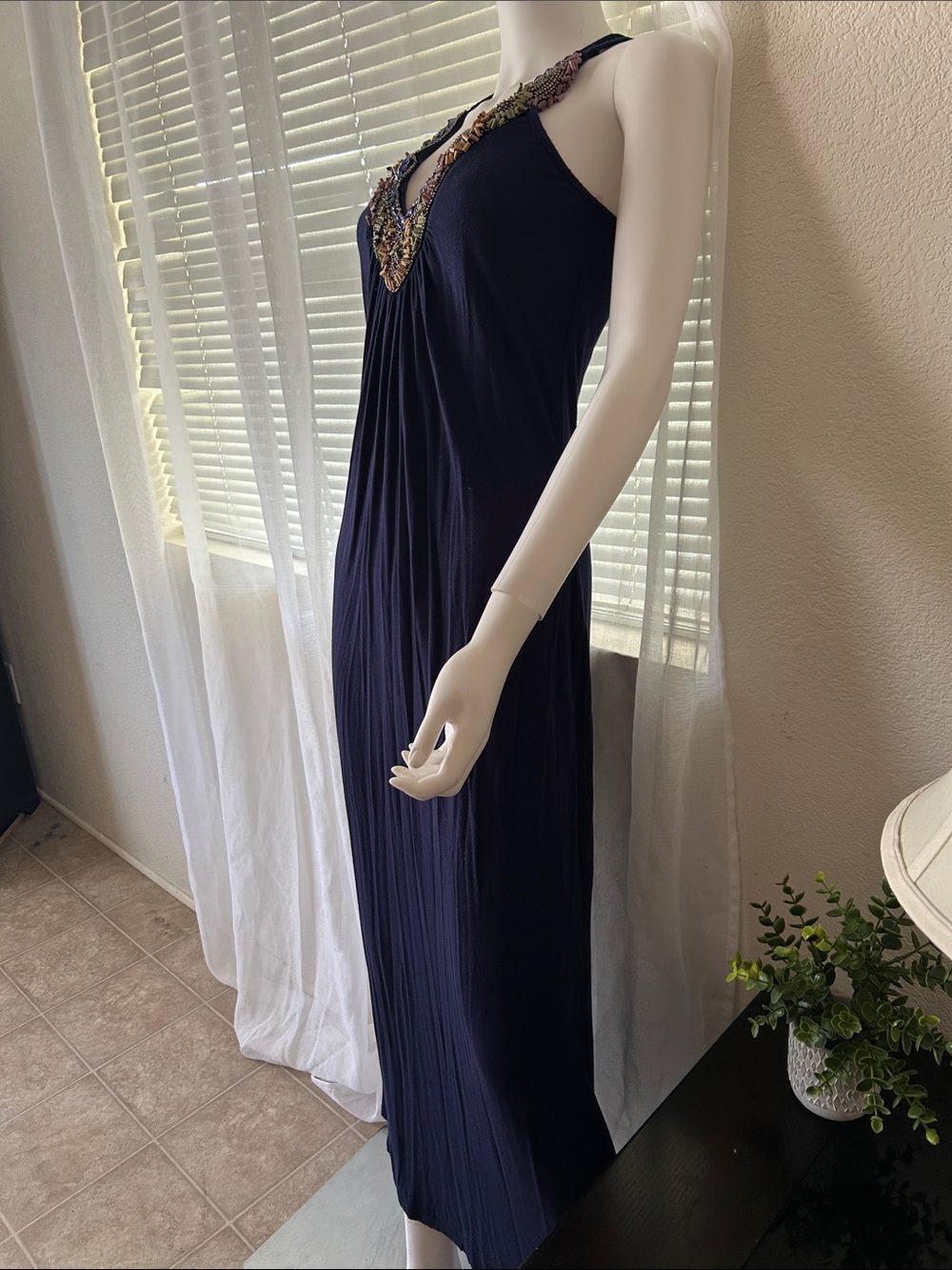 Romeo & Juliet Couture Navy Maxi Dress with Multicolor Beaded V-Neck - Picture 5 of 14